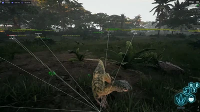 The Isle multi-entity ESP with snaplines to players, AI dinosaurs and plants across a jungle clearing