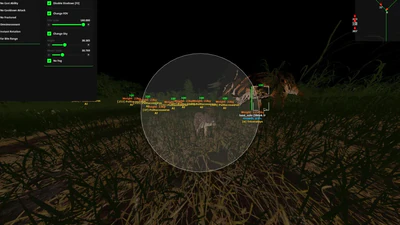 The Isle night ESP with no-fog view showing dinosaur weight, growth and player names in tall grass
